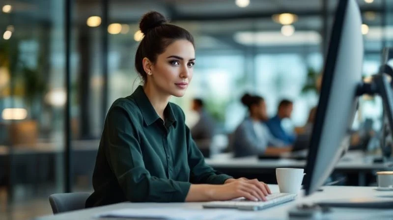 Frau am Laptop in einem modernen Büro in Hanau