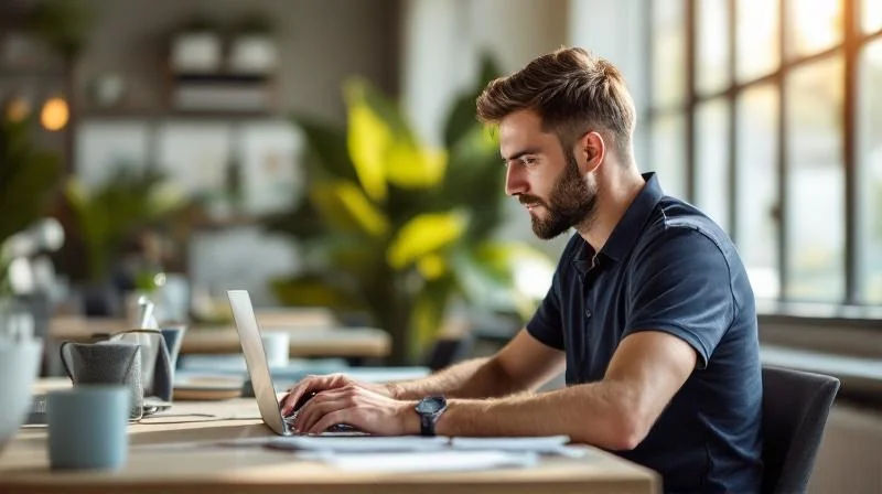 Mann arbeitet konzentriert am Laptop in einem modernen Büro im Rhein-Main-Gebiet